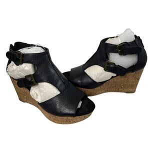 Nine West Size 9 Black Leather Adjustable Zip Wedge Heel Sandal Vacation  Erino